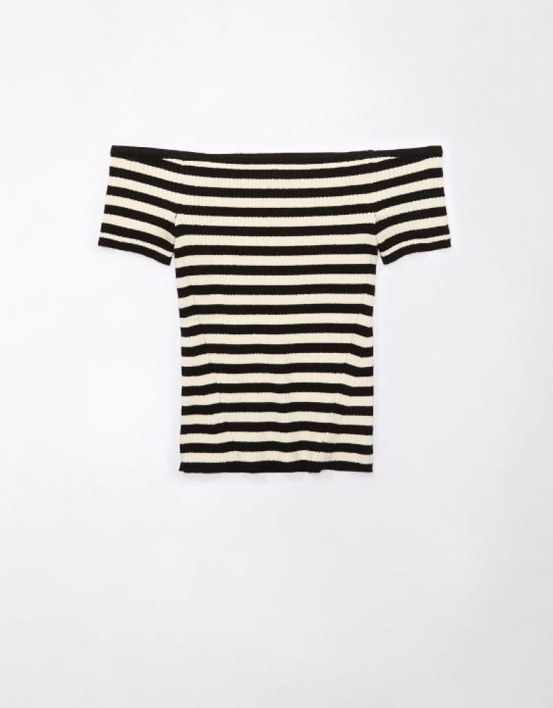 Cardigan Aerie Cropped Nervuré Off-The-Shoulder Top Noir Stripes | YNE-84854826