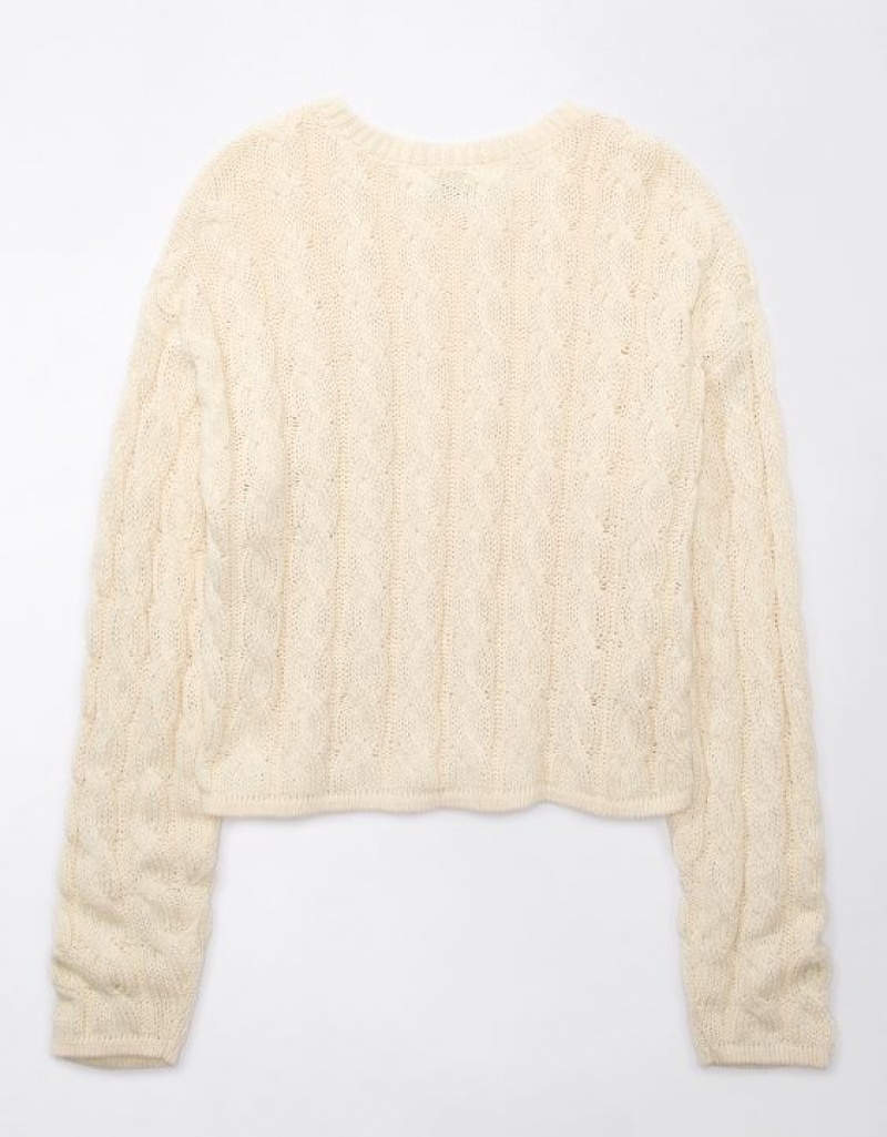 Chandail Aerie Cropped Cable-Knit Blanche Femme | PZQ-42118986