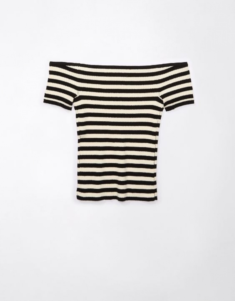 Cardigan Aerie Cropped Nervuré Off-The-Shoulder Top Noir Stripes | YNE-84854826