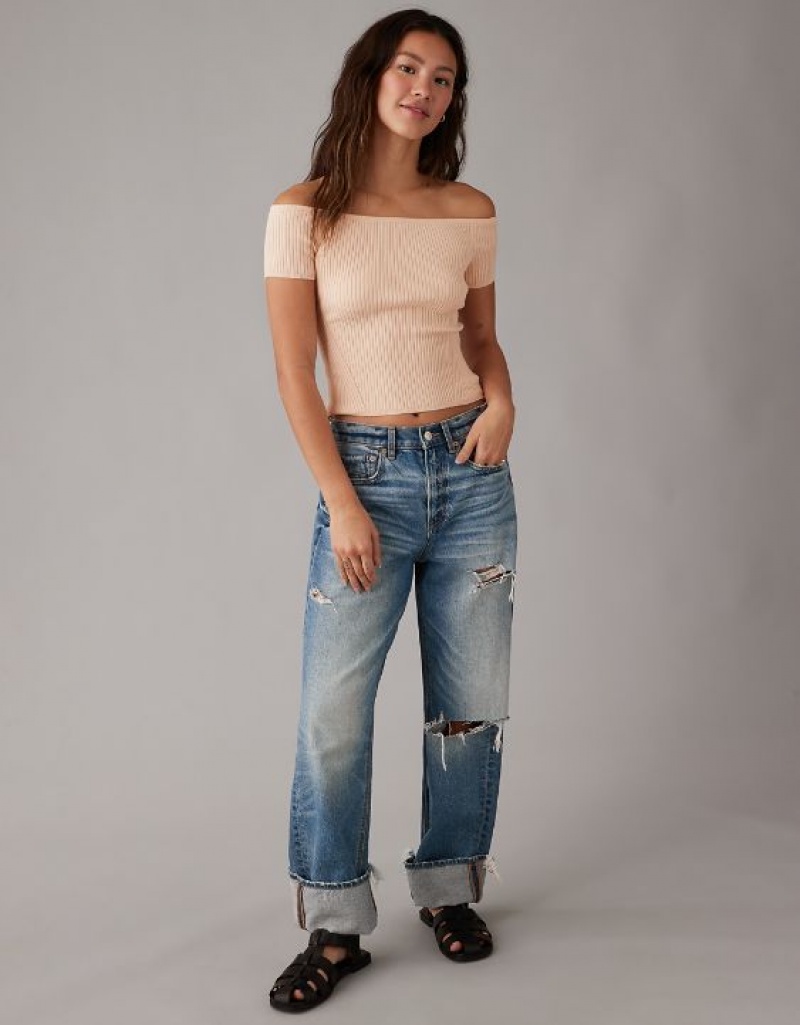 Cardigan Aerie Cropped Nervuré Off-The-Shoulder Top Rose Clair | JJM-16908246