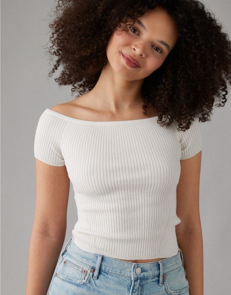 Cardigan Aerie Cropped Nervuré Off-The-Shoulder Top Blanche | MBZ-35419693