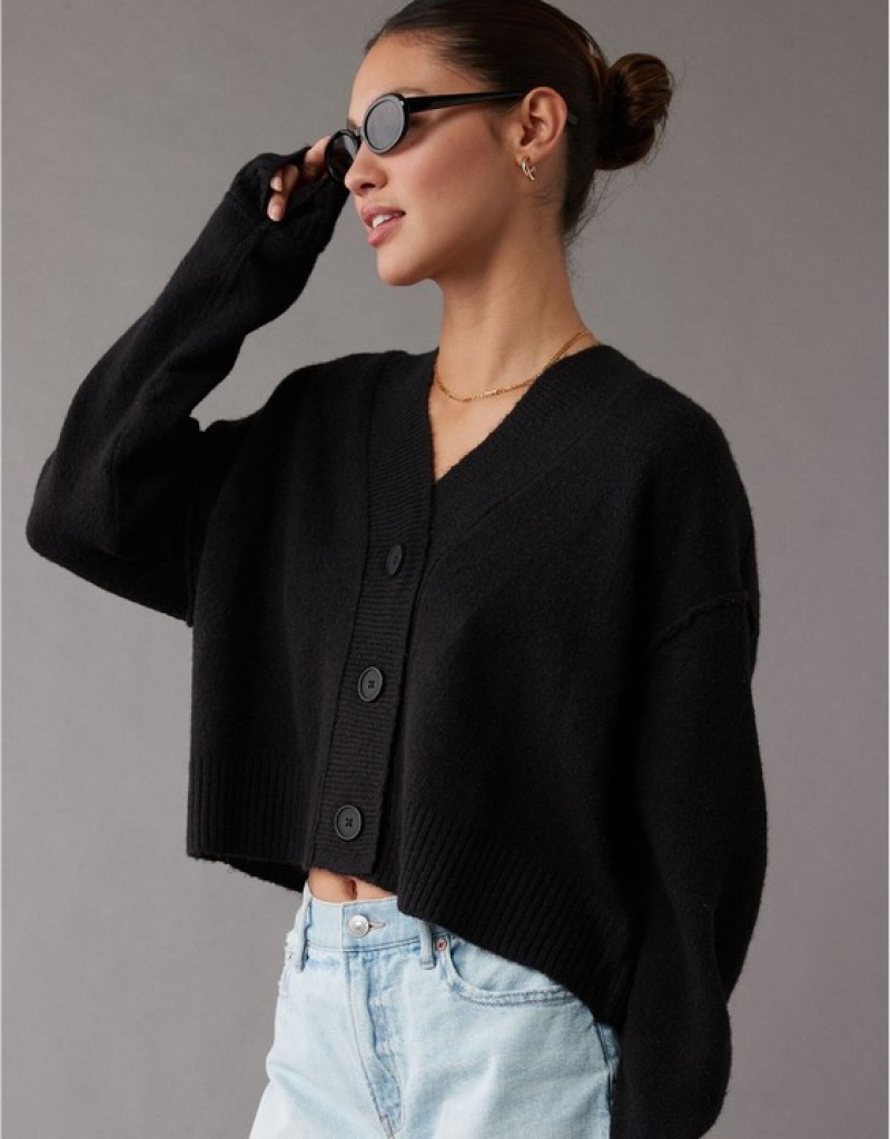 Cardigan Aerie Whoa So Soft Cropped Button-Front Noir | XWH-99961005