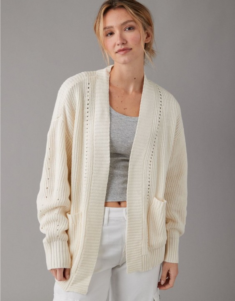 Cardigan Aerie Pointelle-Knit Blanche | SAR-74140206