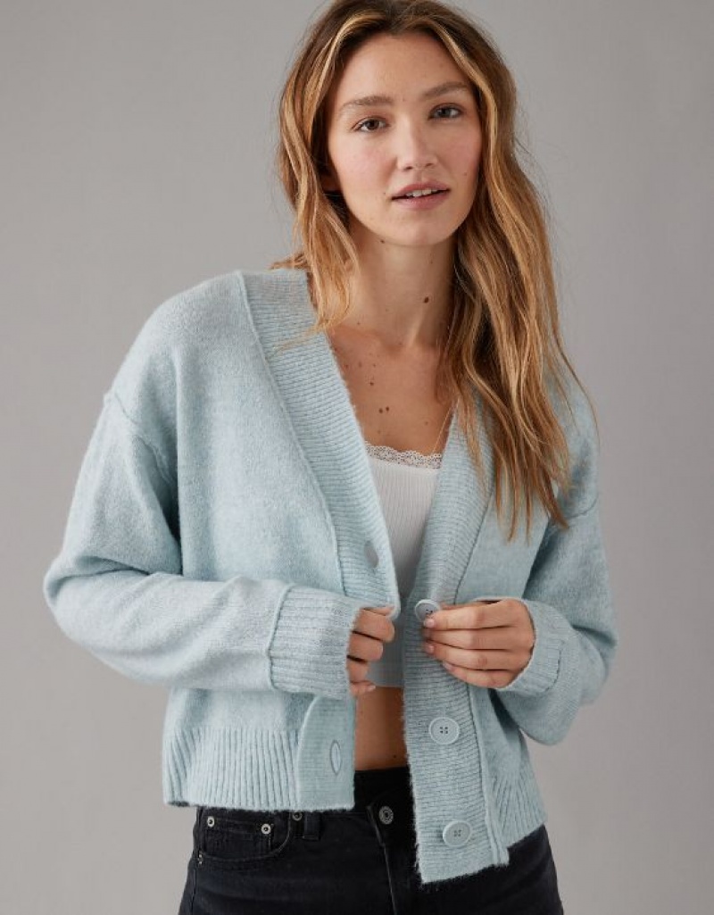 Cardigan Aerie Whoa So Soft Cropped Button-Front Bleu Clair | VMI-56810420