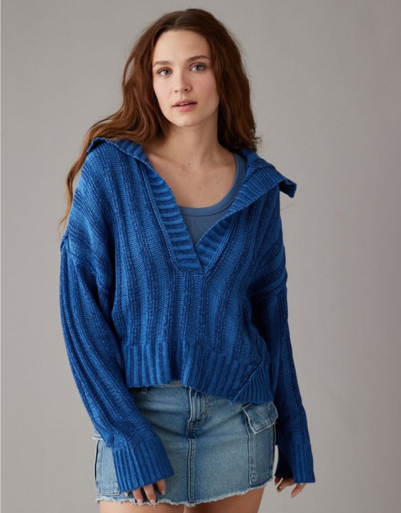 Chandail Aerie Collared Pullover Bleu | NGO-38864566