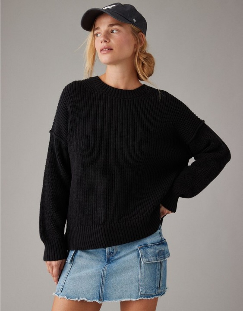 Chandail Aerie Long Weekend Crewneck Noir | VLM-57906058