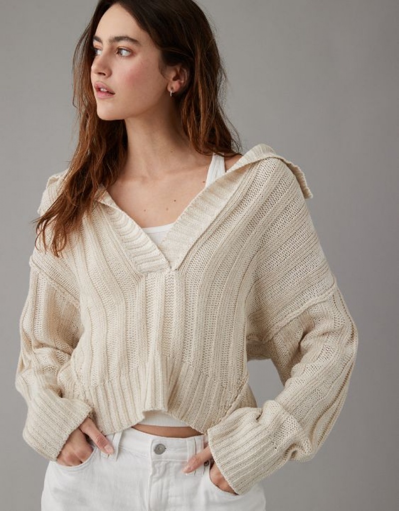 Chandail Aerie Collared Pullover Blanche | VIG-18481866