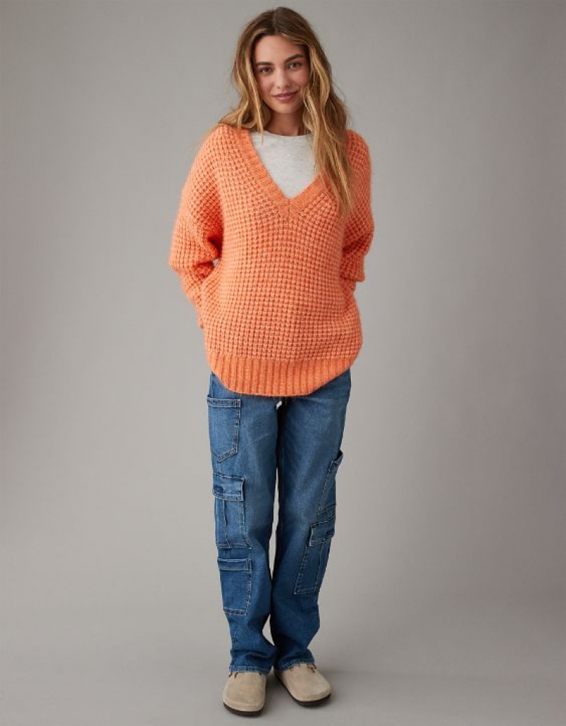 Chandail Aerie Whoa So Cozy Waffle V-Neck Orange | SEC-30694454