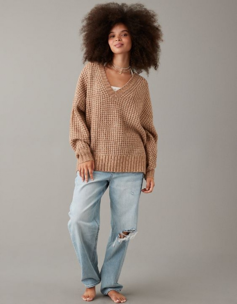 Chandail Aerie Whoa So Cozy Waffle V-Neck Marron | FHN-74631043