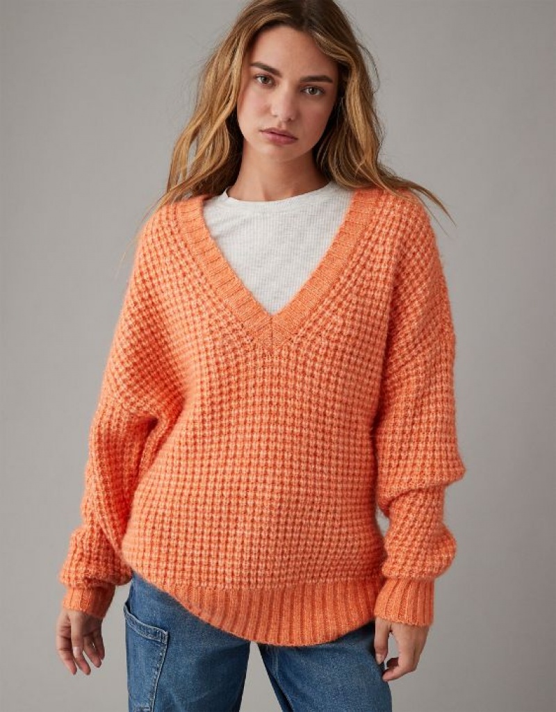 Chandail Aerie Whoa So Cozy Waffle V-Neck Orange | SEC-30694454