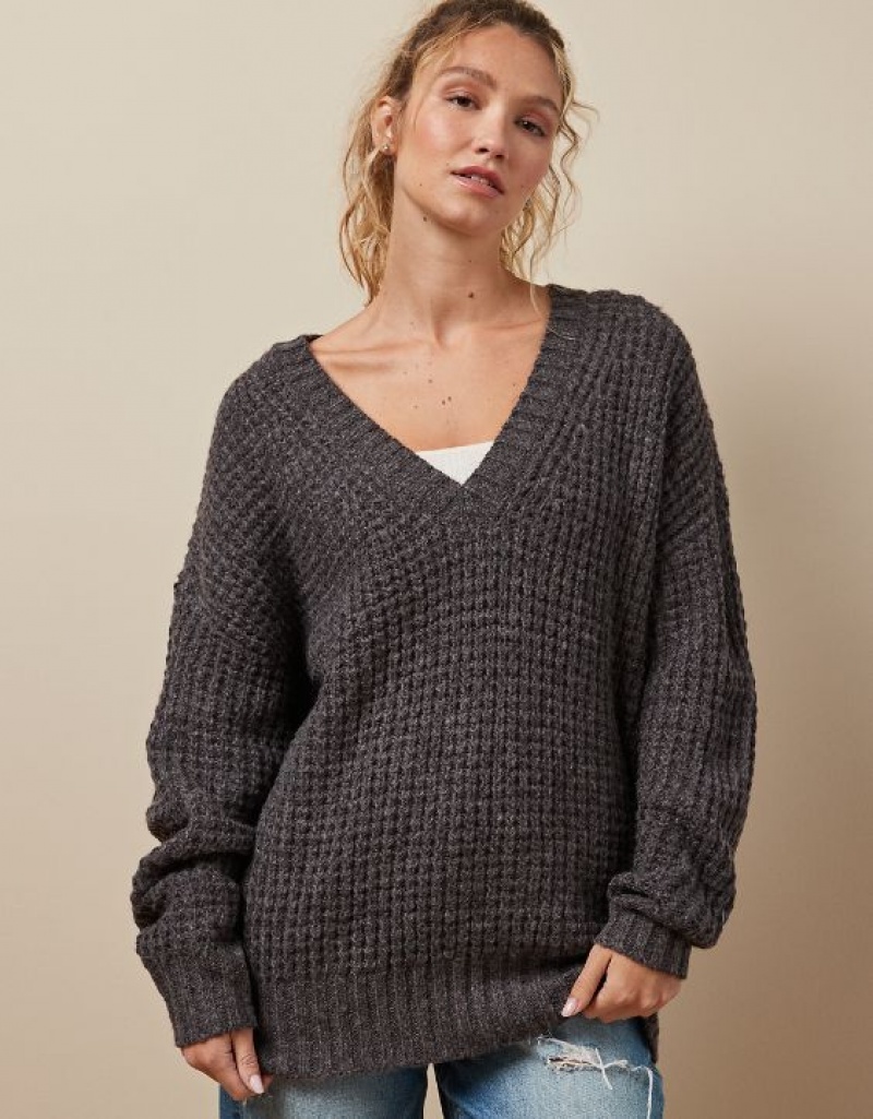 Chandail Aerie Whoa So Cozy Waffle V-Neck Grise | XOY-75806830