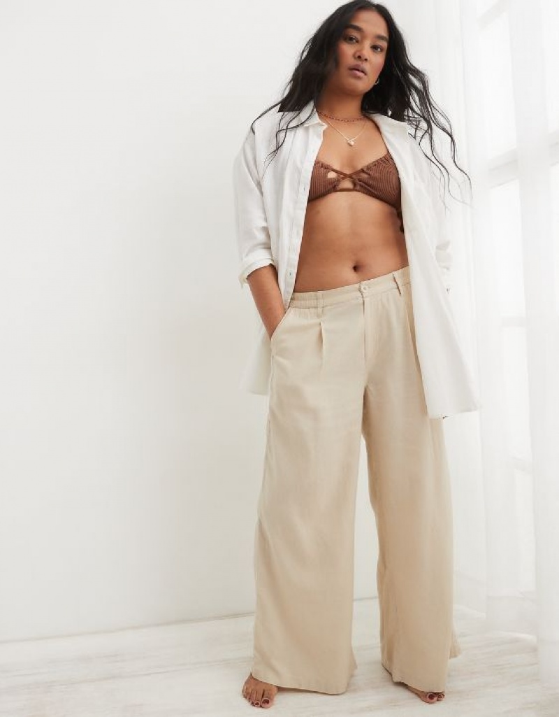 Pantalon Aerie Pool-To-Party Linen Edition High Waisted Beige | MSF-83399785