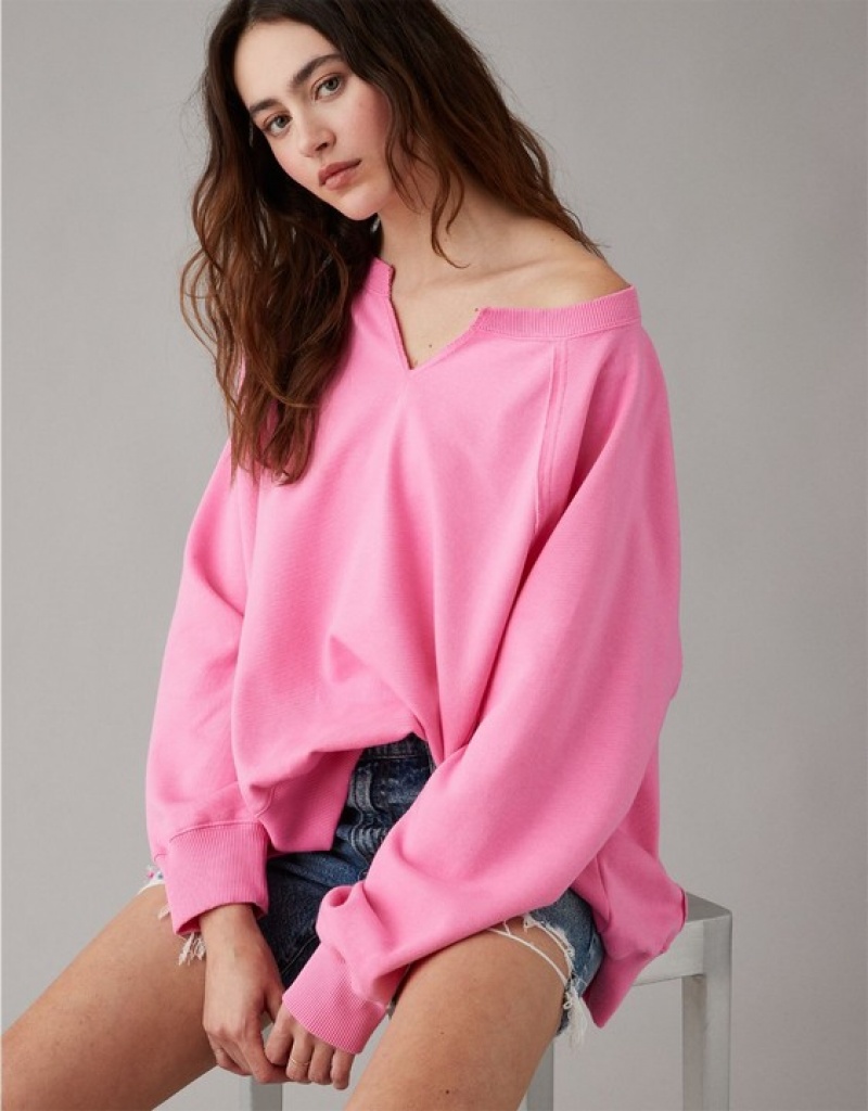 Sweats Aerie Big Hug Oversized Notch Neck Rose | TIS-64904420