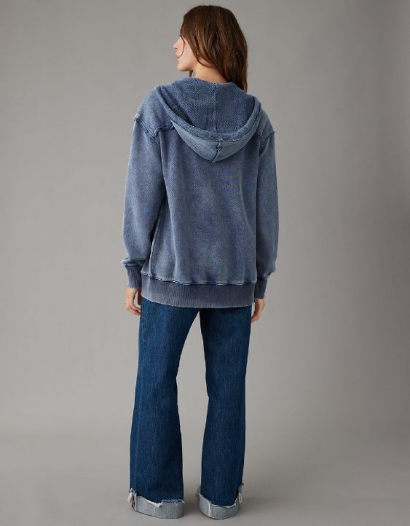 Sweat a Capuche Aerie Oversized Washed Zip-Up Bleu Marine | PVE-64602297