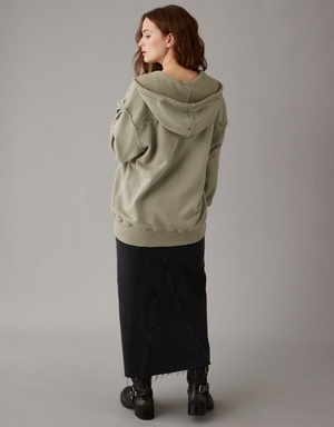 Sweat a Capuche Aerie Oversized Washed Zip-Up Vert Olive | CPN-02772144