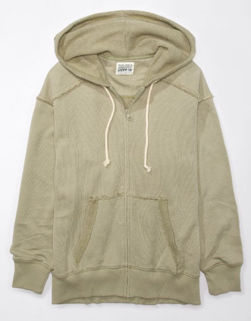 Sweat a Capuche Aerie Oversized Washed Zip-Up Vert Olive | CPN-02772144