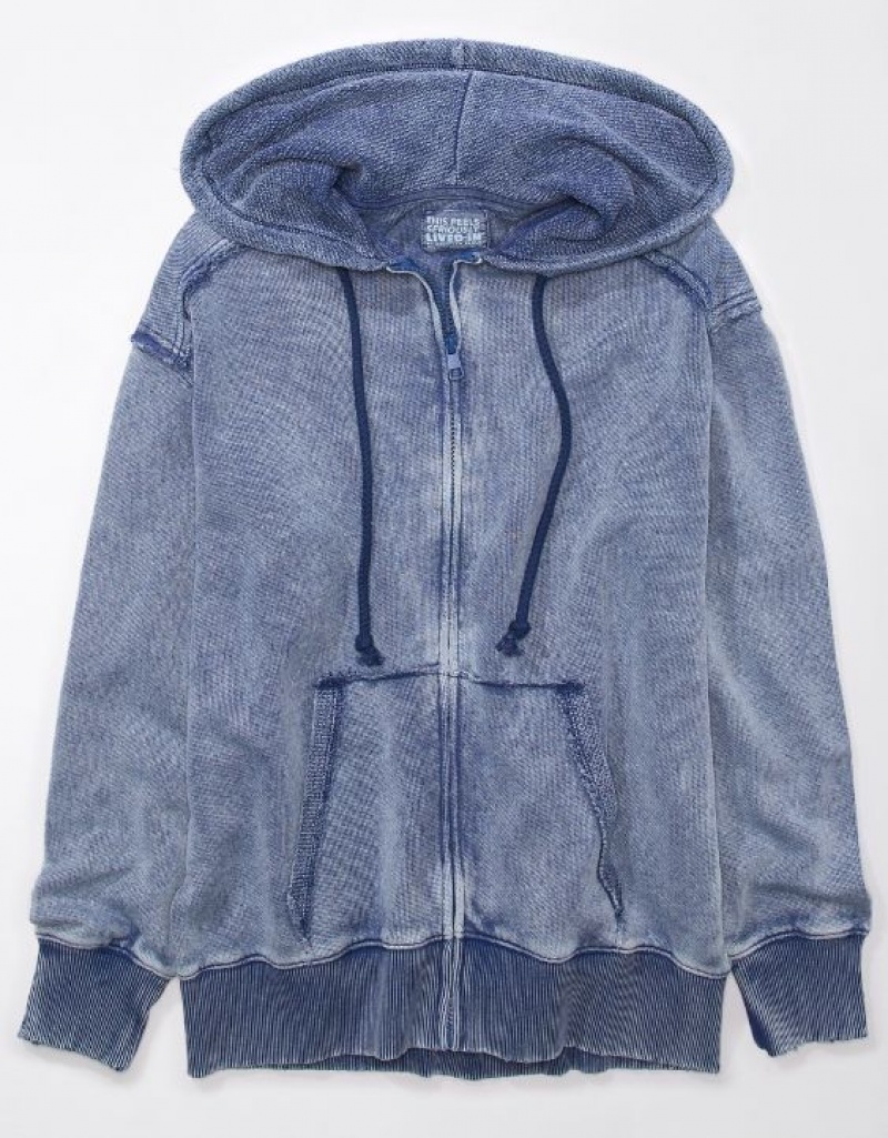 Sweat a Capuche Aerie Oversized Washed Zip-Up Bleu Marine | PVE-64602297