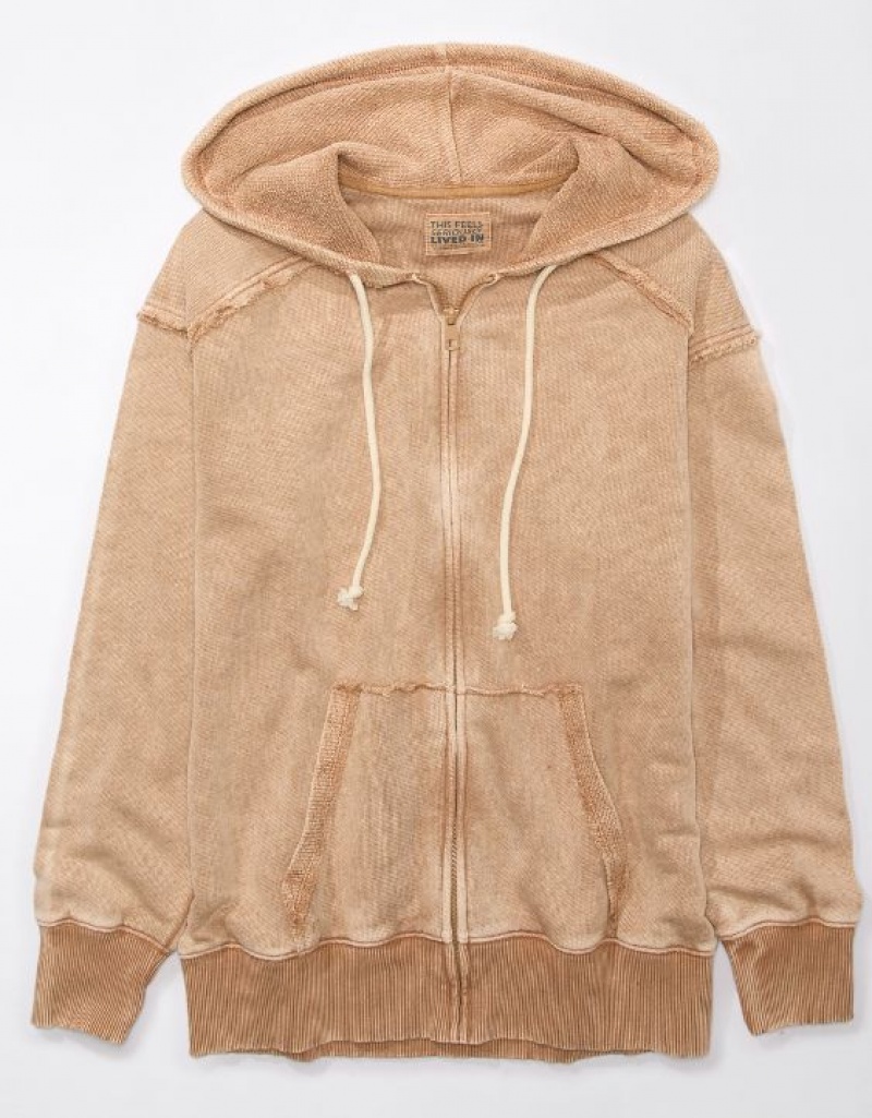 Sweat a Capuche Aerie Oversized Washed Zip-Up Marron | LGJ-42927529