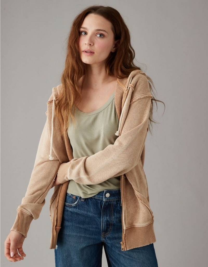 Sweat a Capuche Aerie Oversized Washed Zip-Up Marron | LGJ-42927529