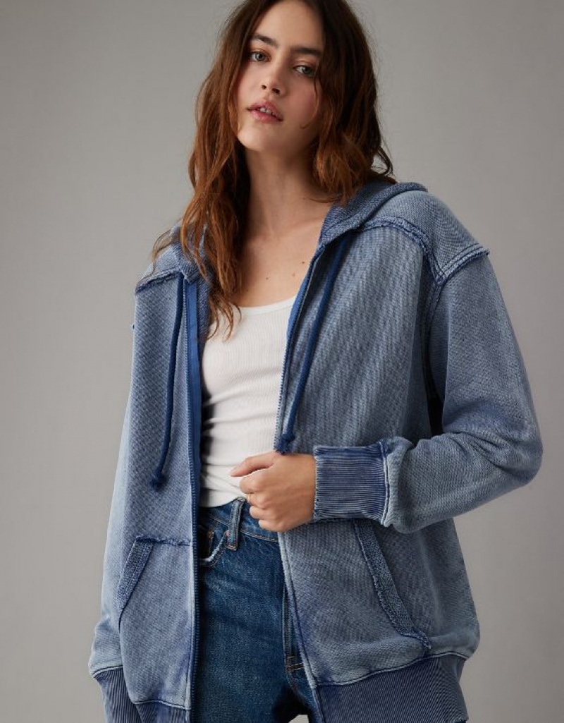 Sweat a Capuche Aerie Oversized Washed Zip-Up Bleu Marine | PVE-64602297