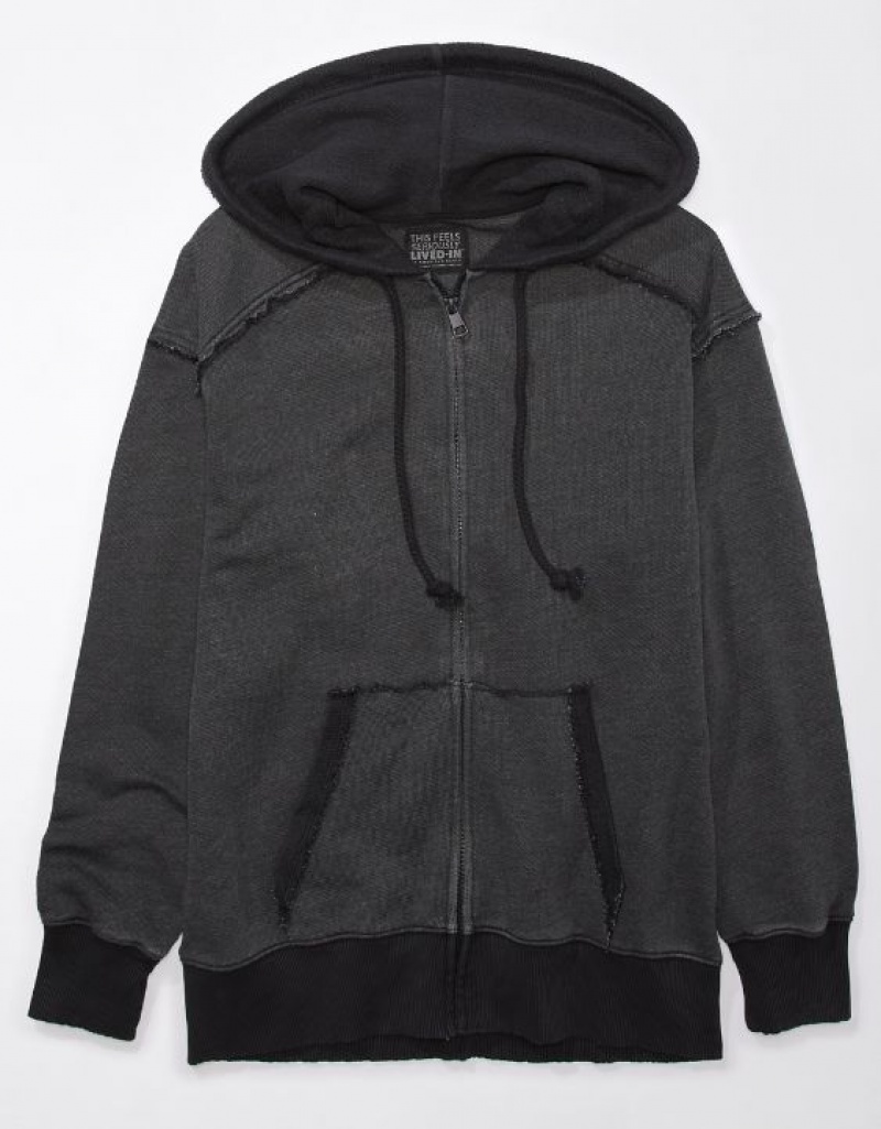 Sweat a Capuche Aerie Oversized Washed Zip-Up Noir | YEO-57253816