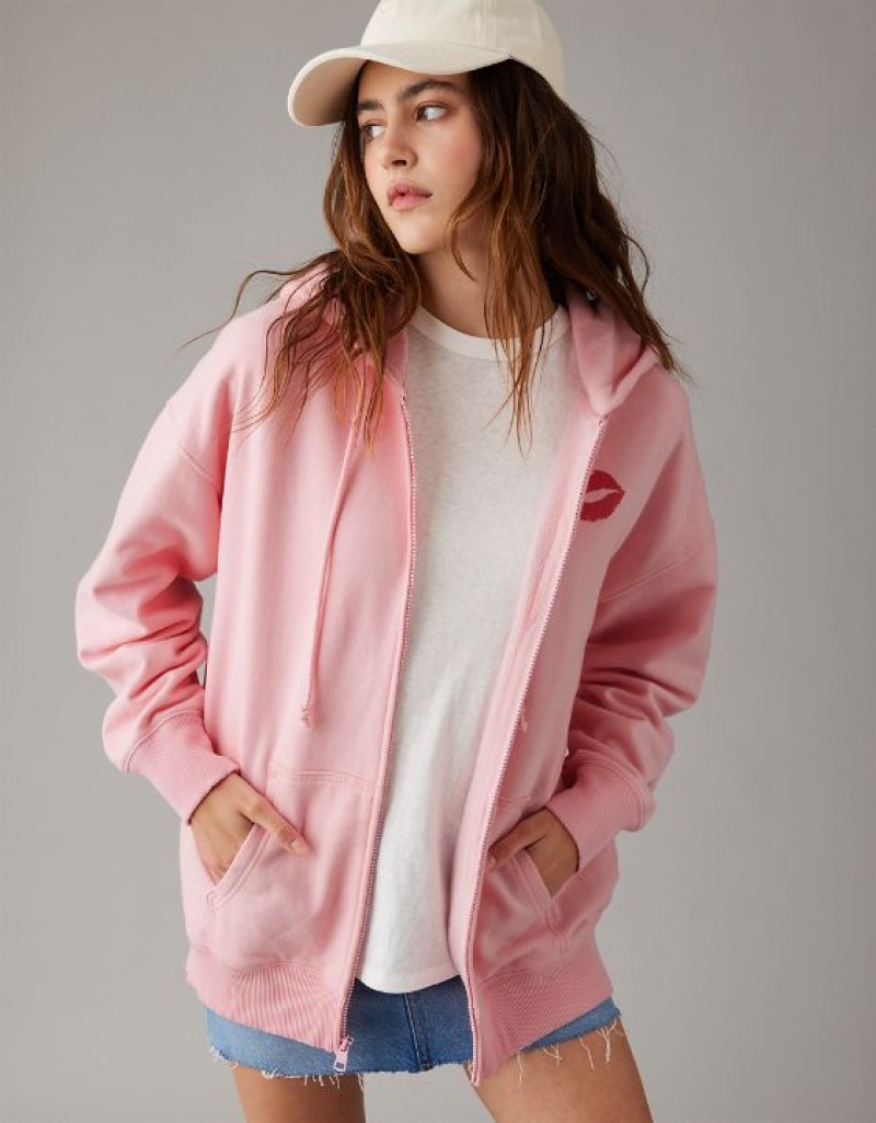 Sweat a Capuche Aerie Mean Oversized Zip-Up Pink Rose Clair | AML-84922655