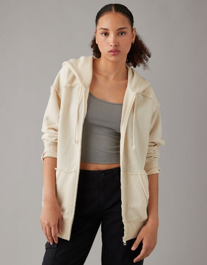 Sweat a Capuche Aerie Oversized Washed Zip-Up Blanche | PZU-24687929