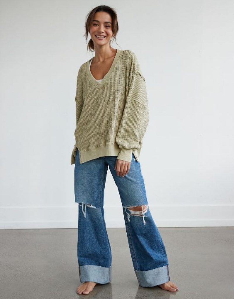 Sweats Aerie Oversized Big Hug Waffle V-Neck Vert Olive | OPZ-02491298