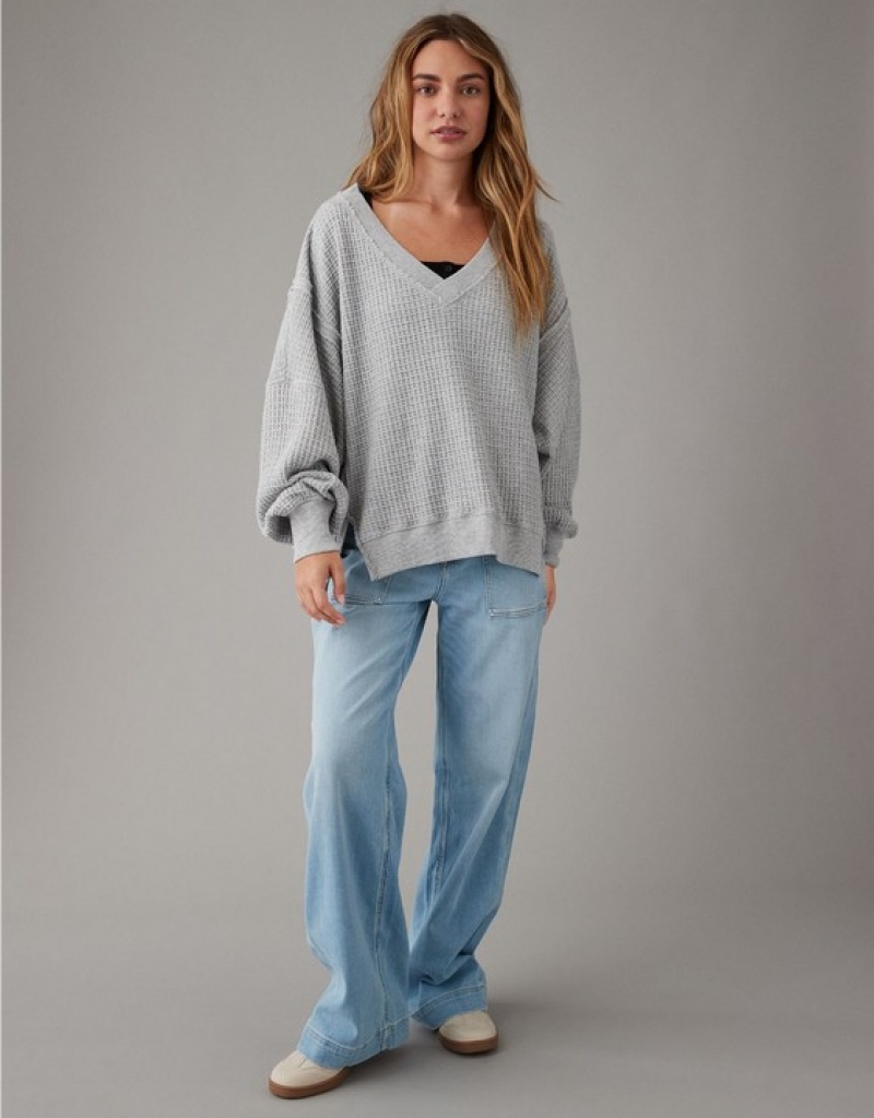 Sweats Aerie Oversized Big Hug Waffle V-Neck Grise | AGO-65762159