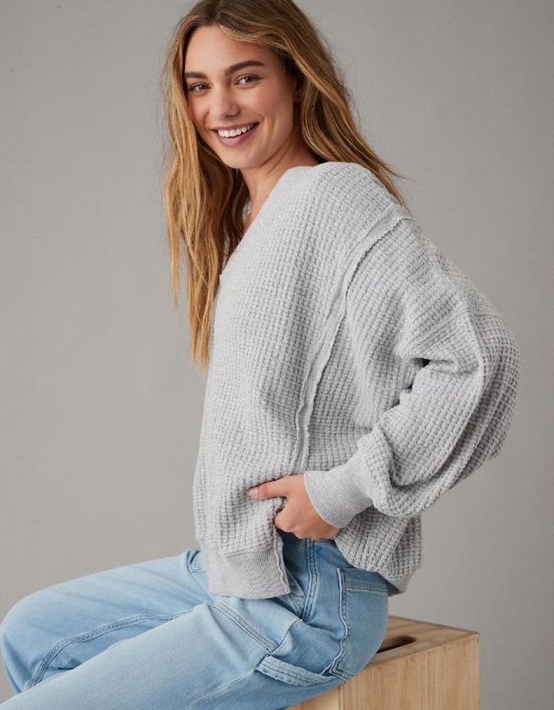 Sweats Aerie Oversized Big Hug Waffle V-Neck Grise | AGO-65762159