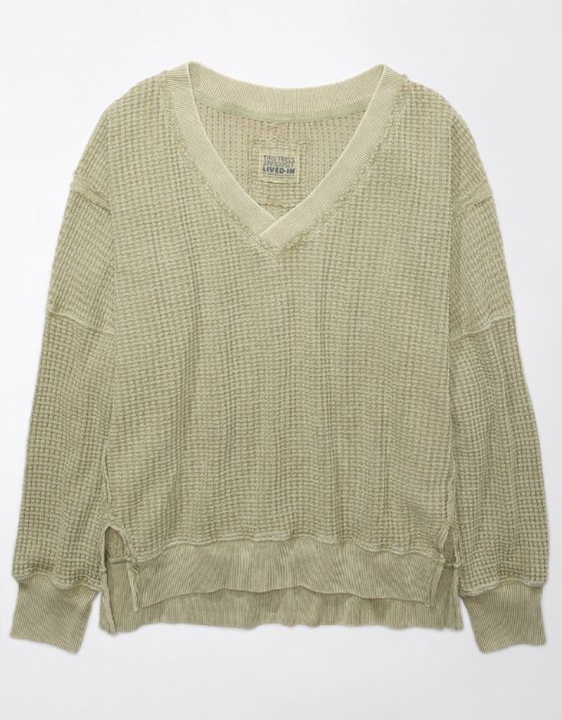 Sweats Aerie Oversized Big Hug Waffle V-Neck Vert Olive | OPZ-02491298