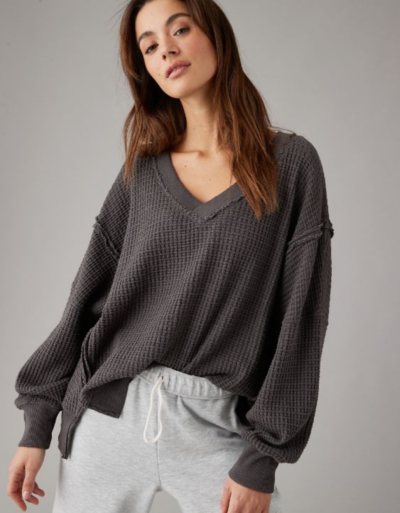 Sweats Aerie Oversized Big Hug Waffle V-Neck Noir | LHM-89494515