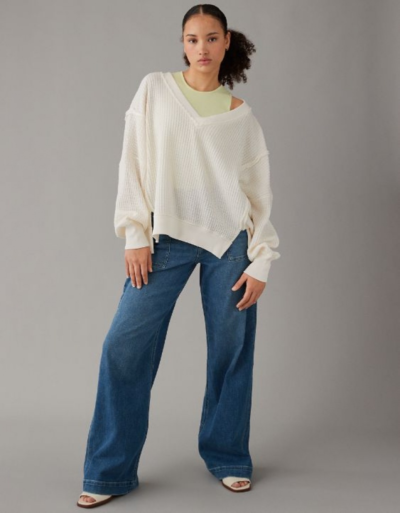 Sweats Aerie Oversized Big Hug Waffle V-Neck Blanche | FDD-31303299