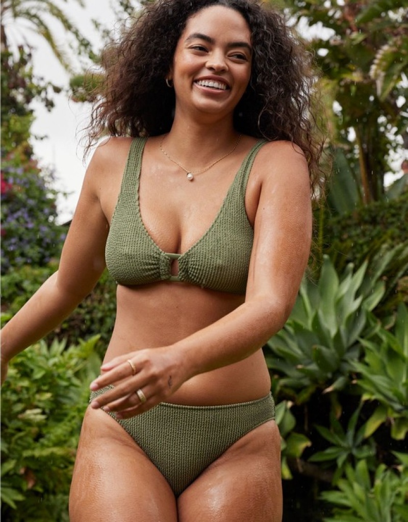 Haut de Bikini Aerie Shine Crinkle Larges Brides Scoop Vert Olive | XUI-49471585