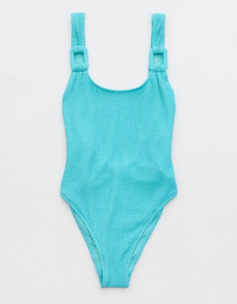 One Piece Swimsuits Aerie Shine Crinkle Birthday Scoop Bleu | POE-35660325