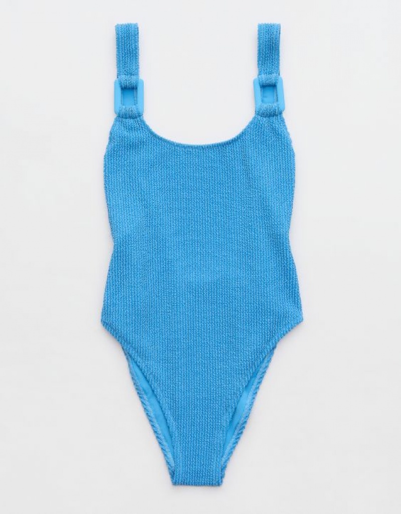 One Piece Swimsuits Aerie Shine Crinkle Birthday Scoop Bleu | QFI-46468041