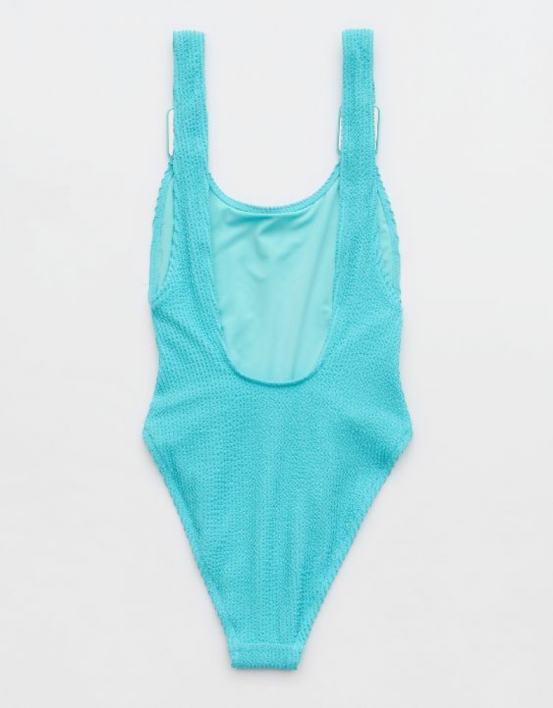 One Piece Swimsuits Aerie Shine Crinkle Birthday Scoop Bleu | POE-35660325