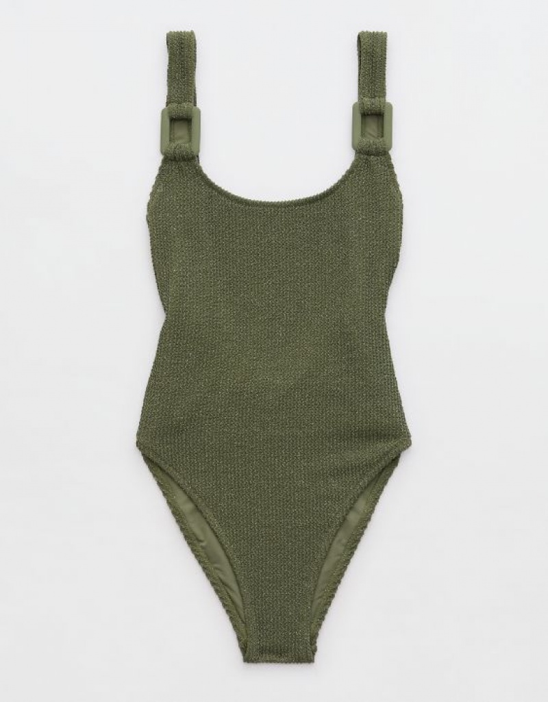 One Piece Swimsuits Aerie Shine Crinkle Birthday Scoop Vert Olive | VDY-37539151