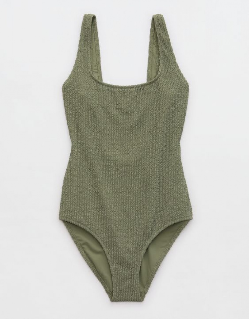 One Piece Swimsuits Aerie Shine Crinkle Larges Brides Scoop Vert Olive | KLH-12507768