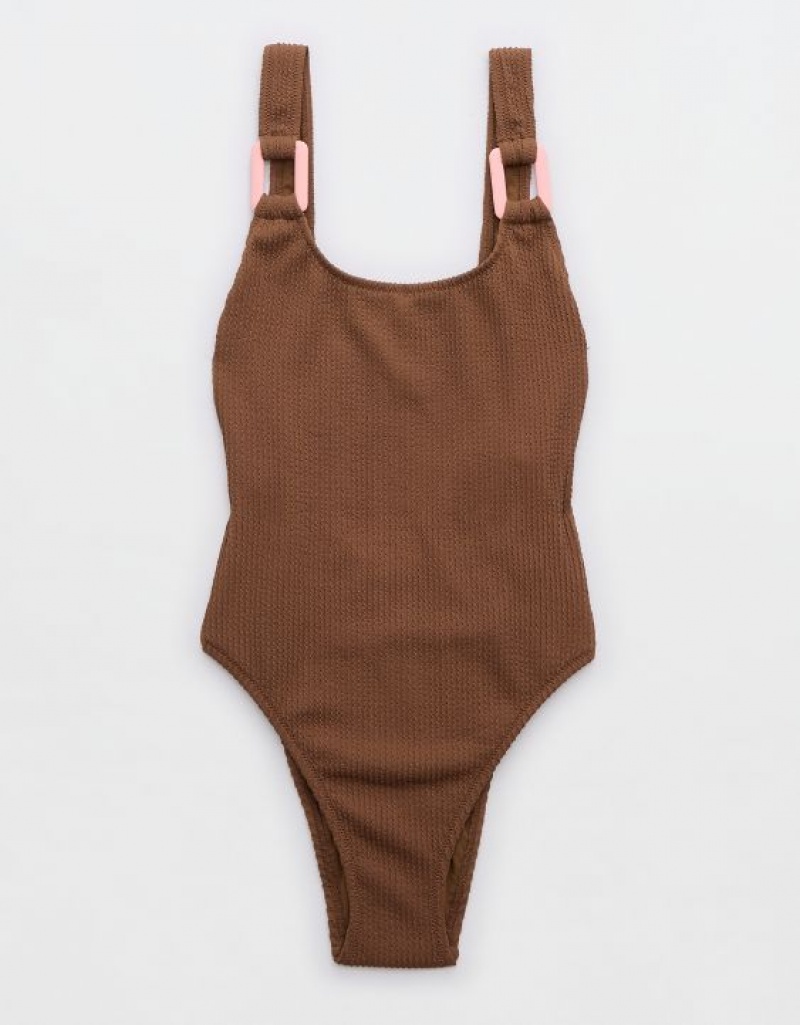 One Piece Swimsuits Aerie Crinkle Birthday Scoop Marron Foncé | RUJ-00477535