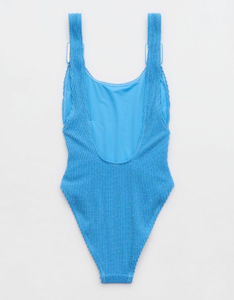 One Piece Swimsuits Aerie Shine Crinkle Birthday Scoop Bleu | QFI-46468041