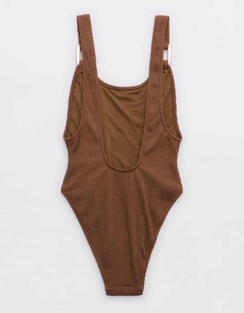 One Piece Swimsuits Aerie Crinkle Birthday Scoop Marron Foncé | RUJ-00477535