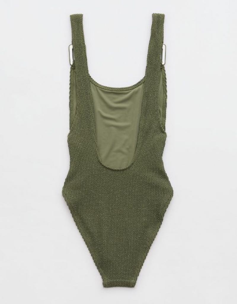 One Piece Swimsuits Aerie Shine Crinkle Birthday Scoop Vert Olive | VDY-37539151