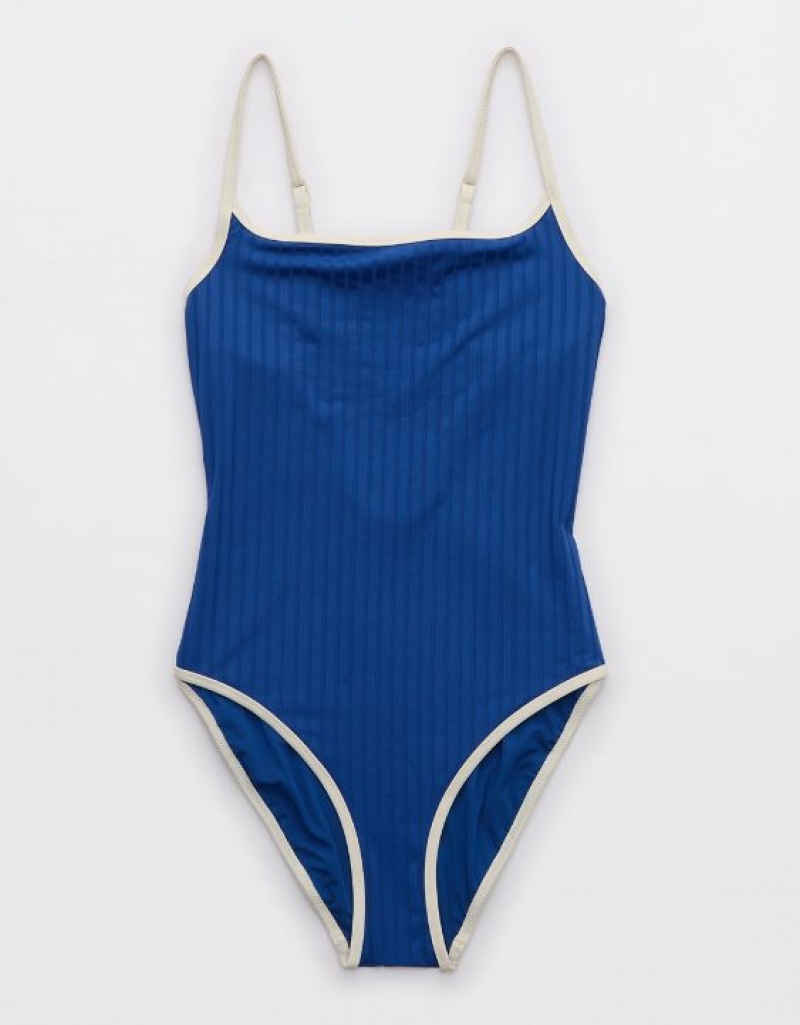 One Piece Swimsuits Aerie Larges Rib Scoop Bleu | UOP-94300831