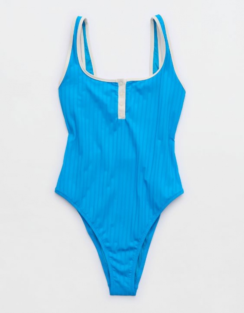 One Piece Swimsuits Aerie Larges Rib Henley Bleu | MIV-00045642