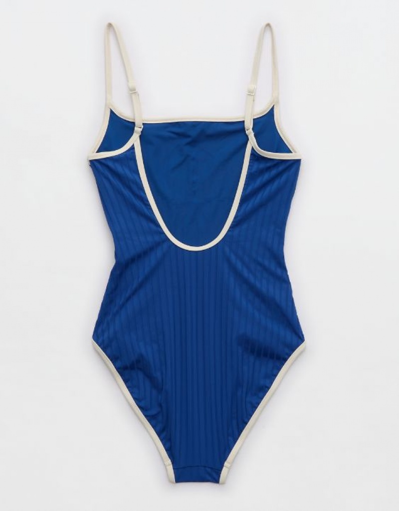 One Piece Swimsuits Aerie Larges Rib Scoop Bleu | UOP-94300831