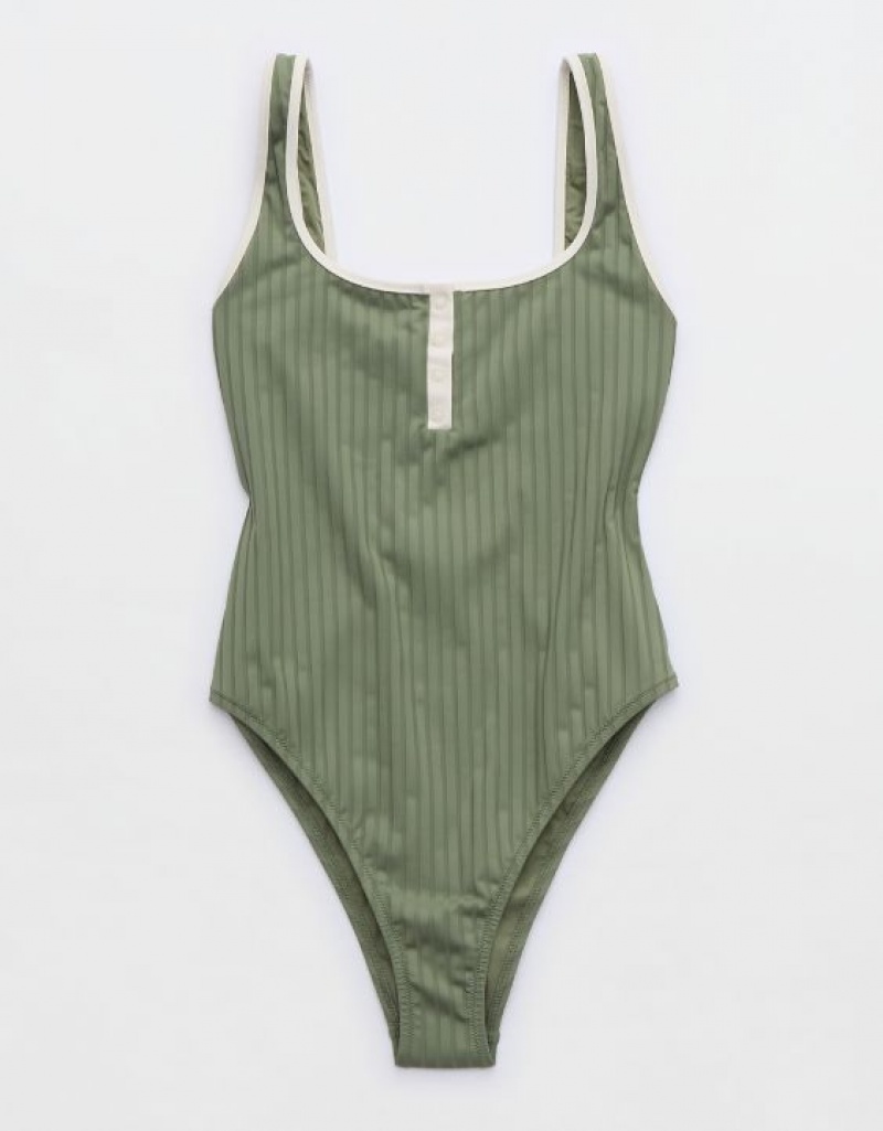 One Piece Swimsuits Aerie Larges Rib Henley Vert Olive | CSC-98523424