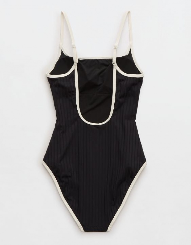 One Piece Swimsuits Aerie Larges Rib Scoop Noir | SJS-17055209