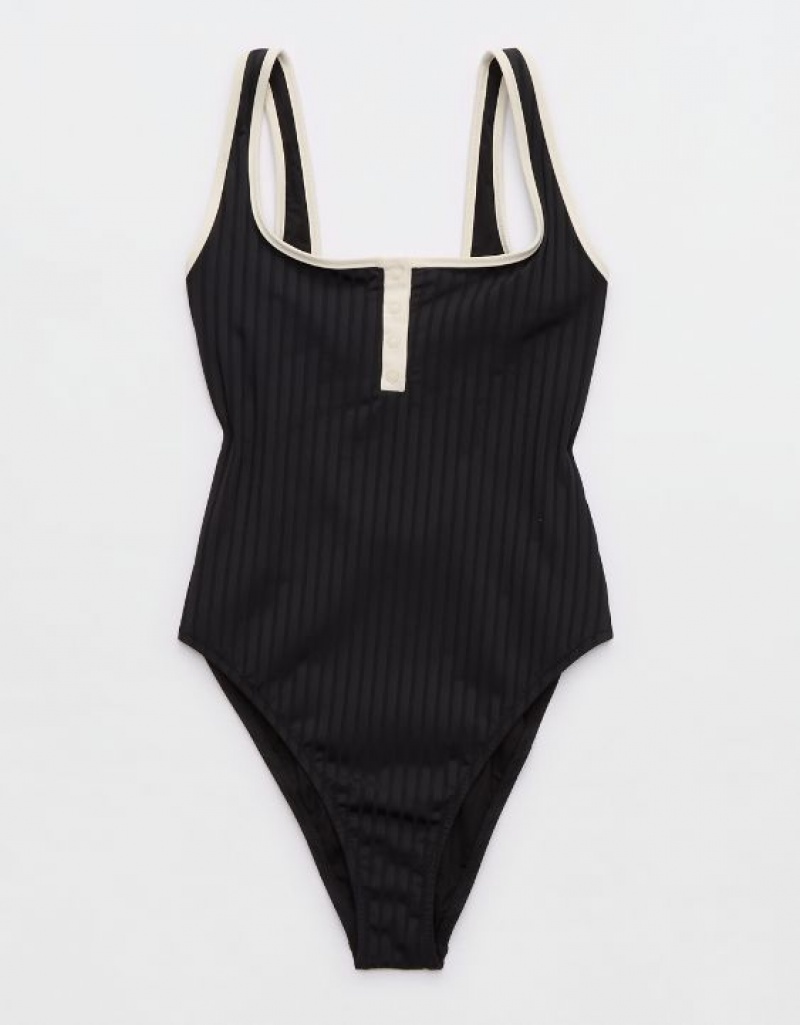 One Piece Swimsuits Aerie Larges Rib Henley Noir | PPP-41677137