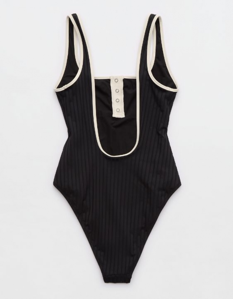 One Piece Swimsuits Aerie Larges Rib Henley Noir | PPP-41677137